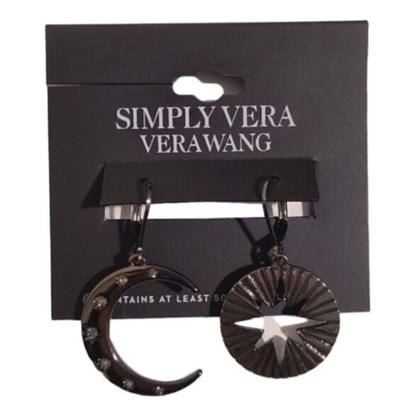 Simply Vera Vera Wang Jet Tone Crystal Moon and Star Mismatched Drop Earrings - Picture 1 of 1